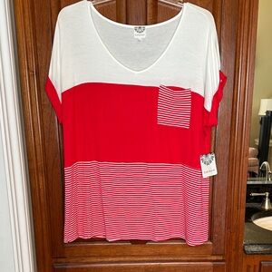 Casual Red and White Color Block Tee